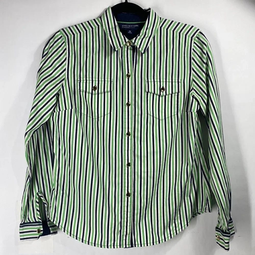 3For$20 Jones New York Blue/Green Striped Button Down Size: Petite Medium